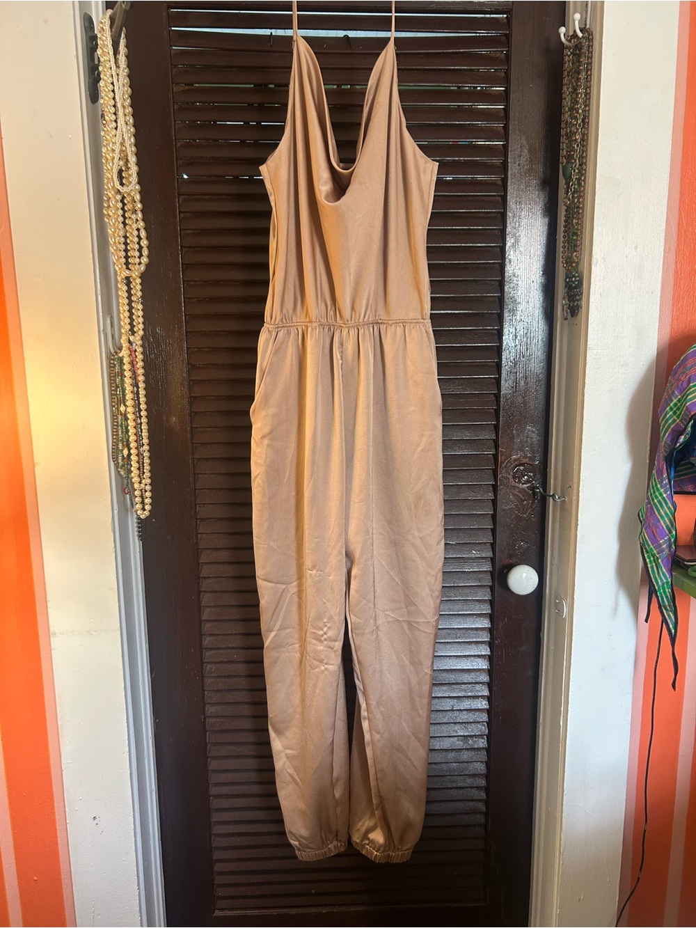Vici Sleeveless Cowl-Neck Taupe Jumpsuit